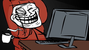 troll using computer meme illustration, troll face, minimalism, memes