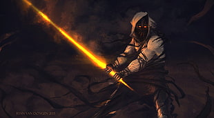 person in white hoodie holding fiery sword digital wallpaper, creature, digital art, sword, orange eyes HD wallpaper
