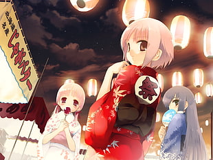 three female anime characters in kimono dress