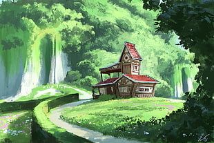 red and brown wooden house in midst of green trees