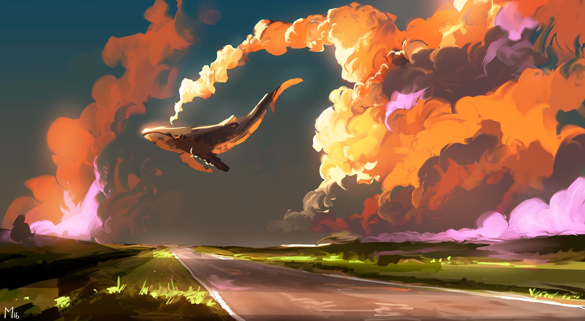 whale on sky near clouds above road painting