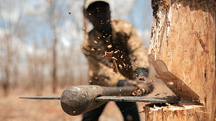 gray ax, men, trees, axes, chopping