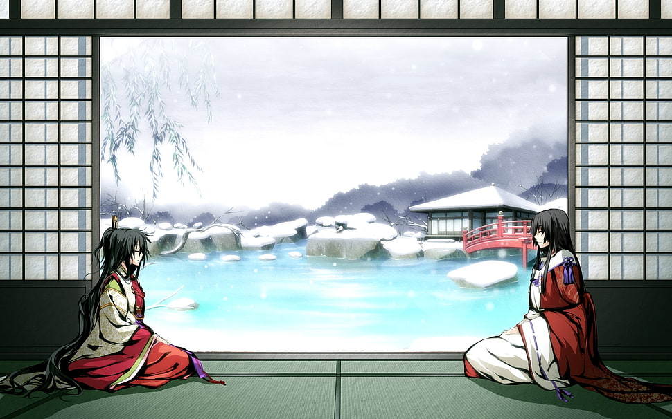 two woman anime character wearing red and white traditional suits in room near body of water photo HD wallpaper