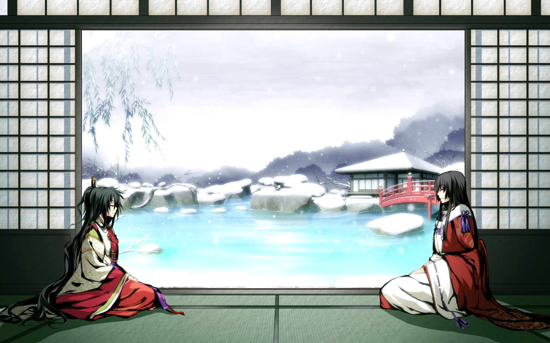 two woman anime character wearing red and white traditional suits in room near body of water photo
