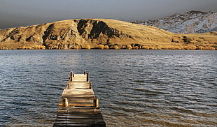 wooden dock near brown hill landscape photo, lake hayes, nz HD wallpaper