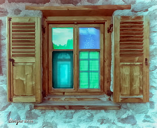 glass window with brown wooden frame, panoramas, Livigno, window, artwork HD wallpaper