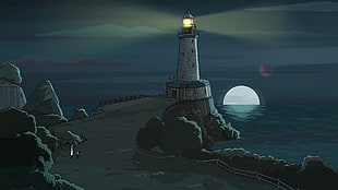 gray lighthouse near body of water illustration, Rick and Morty, Adult Swim, cartoon