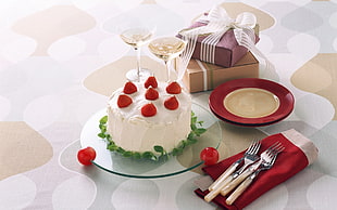 Strawberry shortcake near utensils HD wallpaper