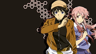 male and female character screenshot, Gasai Yuno, Amano Yukiteru, Mirai Nikki