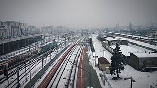 black train track, Poland, train, train station, railway