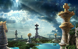 chess piece towers digital wallpapers, chess, fantasy art, sky, landscape