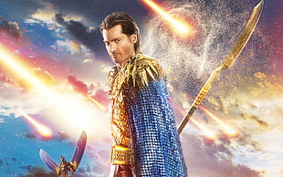 man wearing blue cape holding bladed weapon illustration, Gods of Egypt, movies