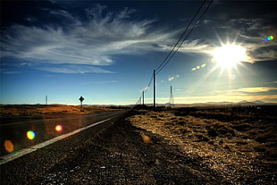 gray and white concrete pavement, landscape, road, sunlight, clouds
