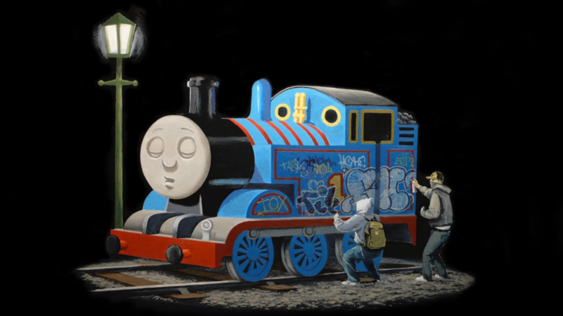 blue Thomas Train painting, humor, Thomas & Friends, graffiti