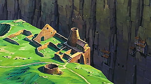 brown concrete house on cliff, Studio Ghibli, anime, artwork, Laputa: Castle in the Sky