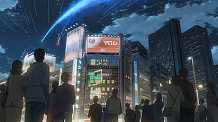 people illustration looking at digital billboard, Makoto Shinkai , Kimi no Na Wa