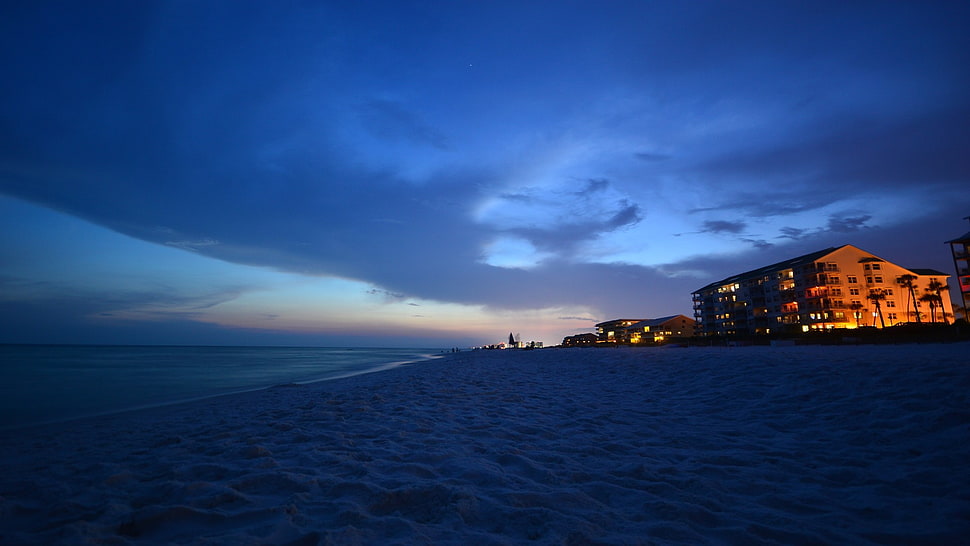 gray cloudy sky, beach, sand, night, clouds HD wallpaper