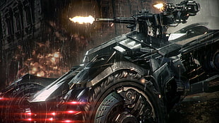 black heavy machinery with machine gun digital wallpaper, Batman, Batman: Arkham Knight, Rocksteady Studios, Batmobile
