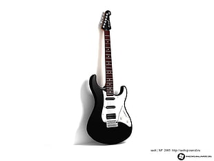 black and white stratocaster electric guitar, guitar, music, musical instrument