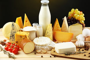 variety of cheese, food, cheese, milk, tomatoes HD wallpaper