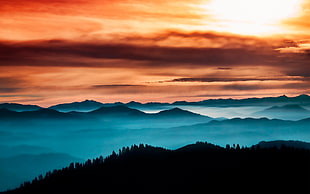 silhouette of mountains, landscape, forest