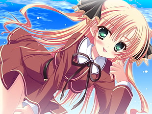 girl anime character wearing brown school uniform holding hair using left hand digital wallpaper