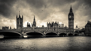 grayscale photo of Big Ben, London, Big Ben, River Thames HD wallpaper