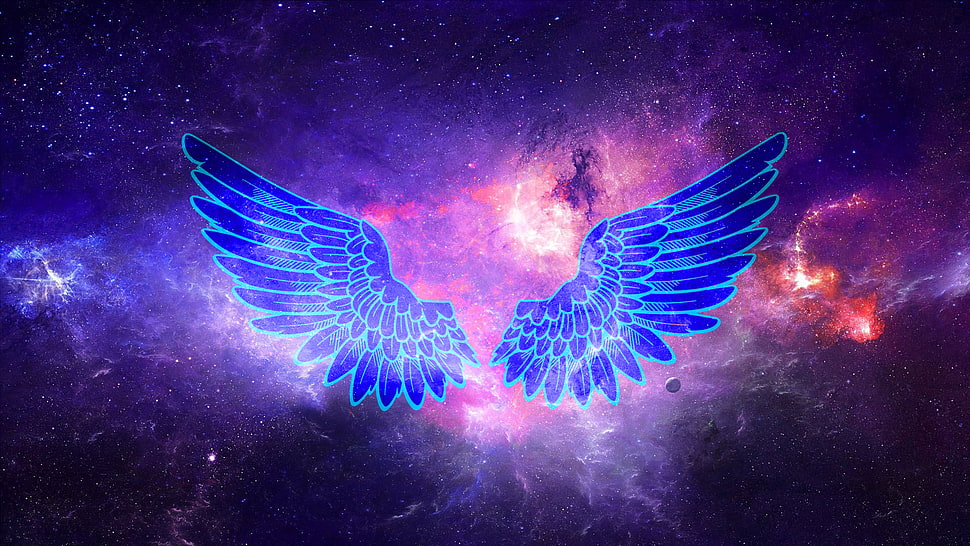 purple and black wings 3D illustration, photo manipulation, wings, space art HD wallpaper