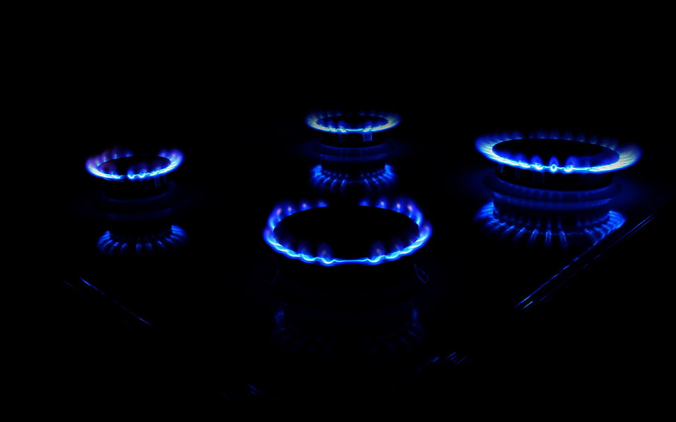 black 4-burner gas stove, fire, blue flames, minimalism HD wallpaper