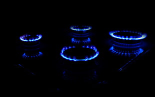 black 4-burner gas stove, fire, blue flames, minimalism