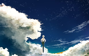 male anime character floating at sky digital wallpaper, anime, Neon Genesis Evangelion, landscape, sky