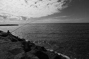 fishing rod, Azores, fisherman, sea, monochrome