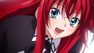 female character in black and white collared shirt and red hair