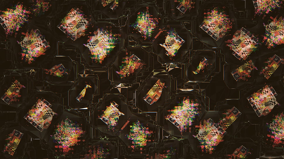 black and yellow floral textile, glitch art, abstract HD wallpaper