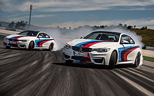 two white-red-and-blue coupes, BMW M4, race tracks, Drifting, car
