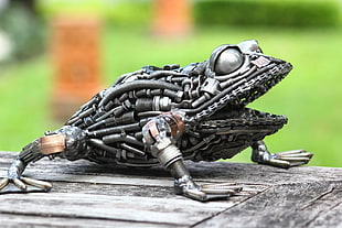 gray metal frog art, steampunk, gears, metal, animals