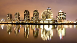 three brown and white ceramic table lamps, cityscape, building, reflection, lights