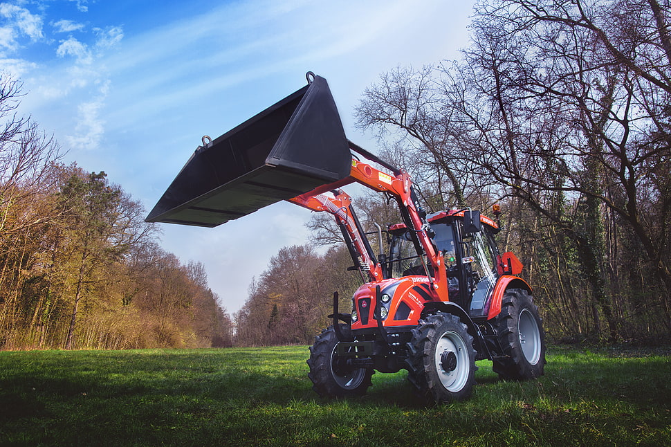 red and black bulldozer HD wallpaper