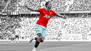 men's red and teal soccer jersey shirt, Manchester United , Nani HD wallpaper