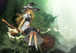 woman riding in broom anime HD wallpaper