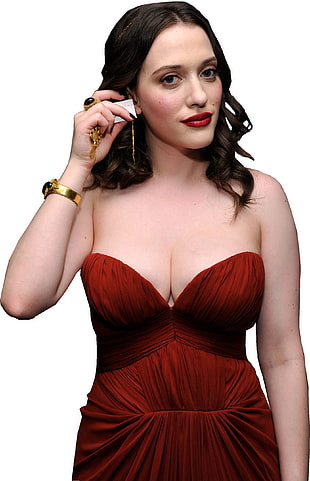 Kat Dennings wearing red sweetheart-neckline strapless dress