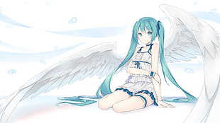 blue haired angel illustration, Vocaloid, Hatsune Miku, aqua hair, long hair
