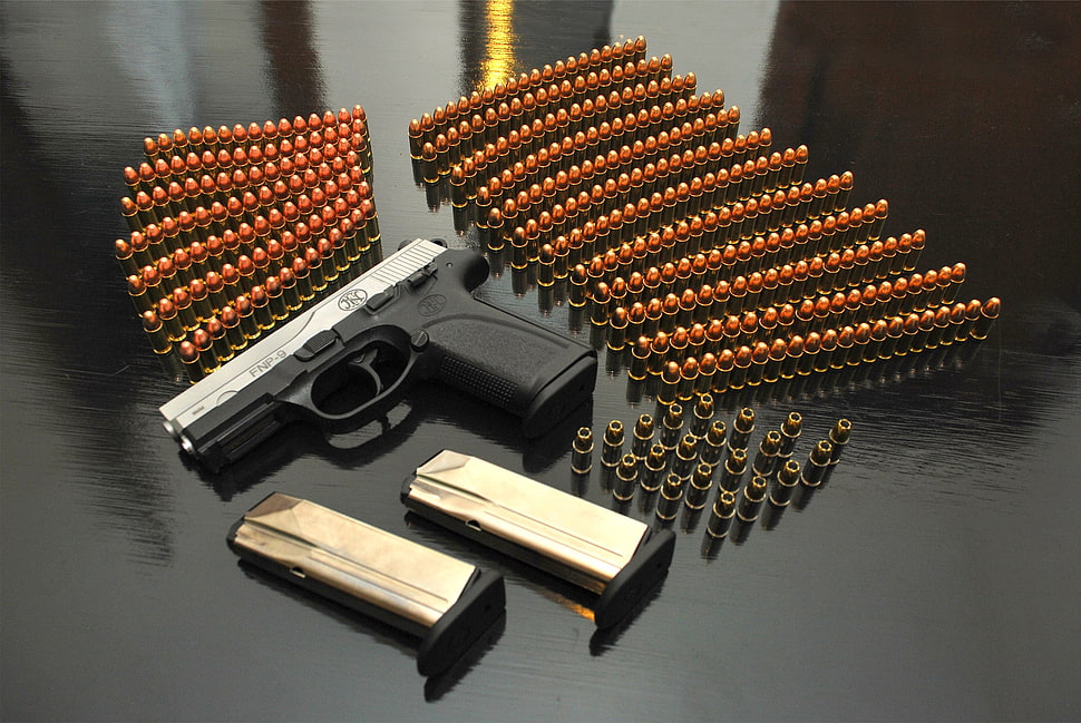 black and brown wooden nesting table, gun, ammunition, pistol, weapon HD wallpaper