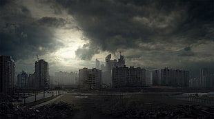 gray concrete buildings, ruin, apocalyptic HD wallpaper