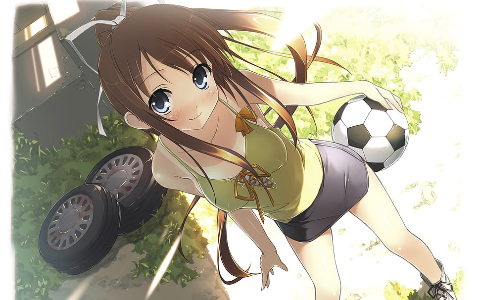 brown haired female anime character holding volleyball HD wallpaper