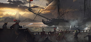 galleon ship game cover, pirates, fantasy art, artwork
