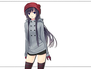 anime character with gray double breasted hoodie and red knit cap digital wall paper HD wallpaper