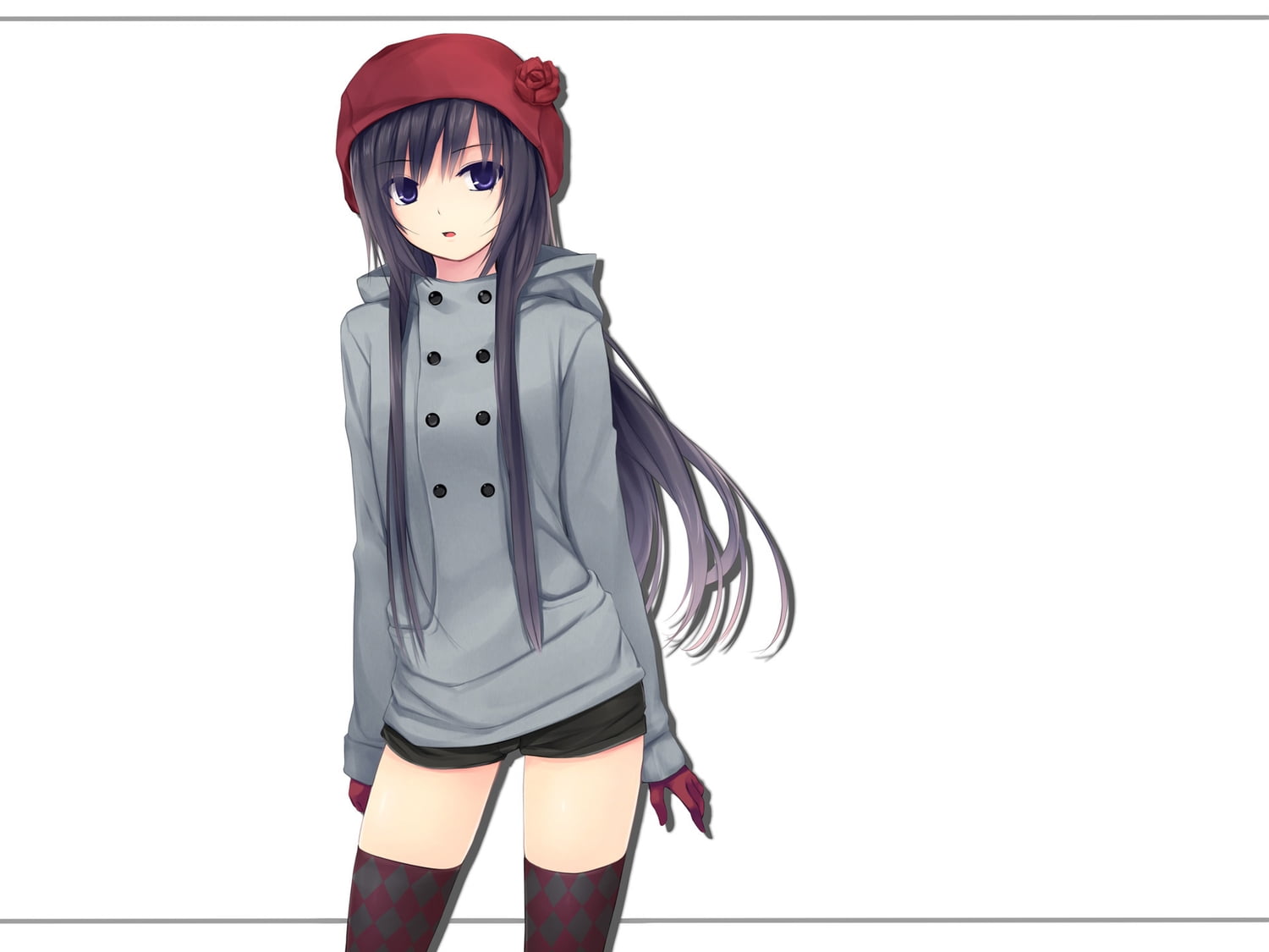 Anime Character With Gray Double Breasted Hoodie And Red Knit Cap