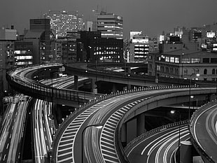 grayscale photo of roads, town, lights, road, monochrome