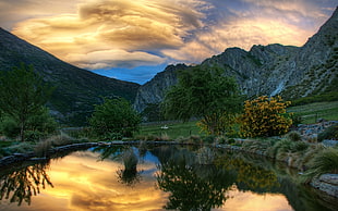 lake near the mountains during sunset HD wallpaper